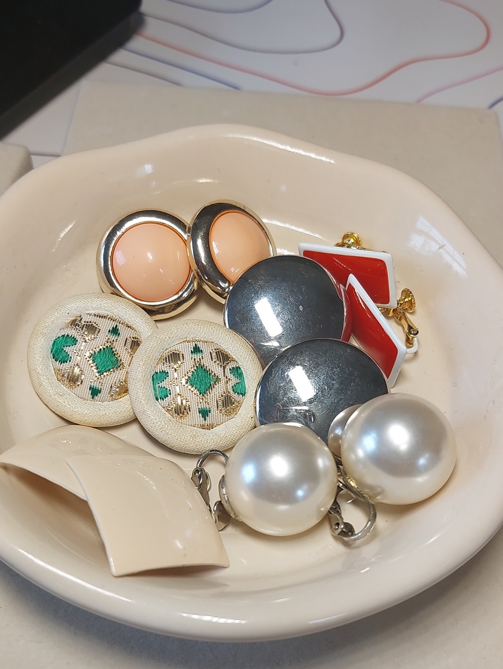 Vintage Button Clip On Earring Lot 6 Pairs Napier Red Geometric Faux Pearl Retro